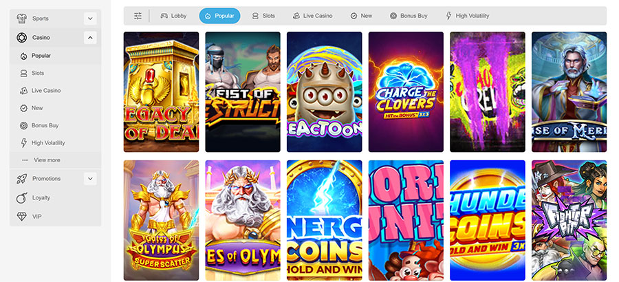 La page d'accueil Evolve Casino