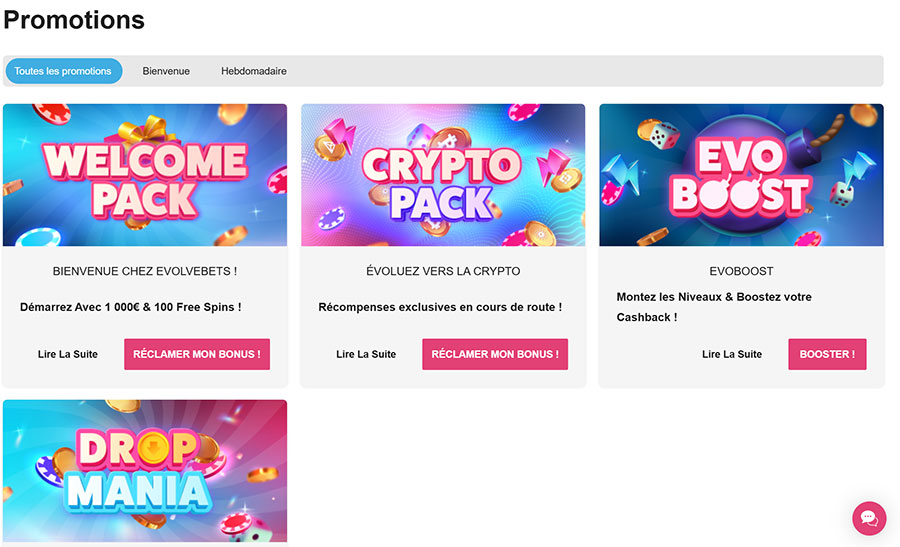 La page des promotions Evolve casino promotions