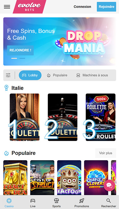 La version mobile Evolve casino mobile